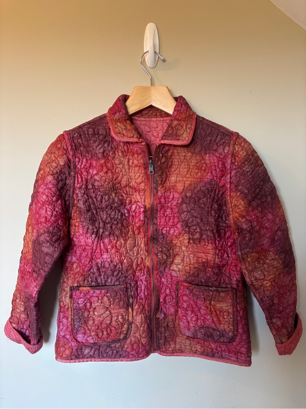 Quilted Zip-Front Puffer Jacket in Pink-Red Tie-Dye
